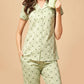 Sukanya  Women's Printed Sinker Nightsuit Set , Frount Open Lounge Wear Nightdress Pyjama Set Sleepwear , Green Printed Half Sleeves Round Neck.