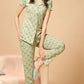 Sukanya  Women's Printed Sinker Nightsuit Set , Frount Open Lounge Wear Nightdress Pyjama Set Sleepwear , Green Printed Half Sleeves Round Neck.