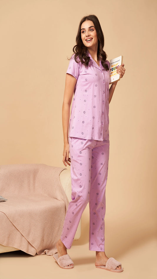 Sukanya  Women's Printed Sinker Nightsuit Set , Frount Open Lounge Wear Nightdress Pyjama Set Sleepwear , Green Printed Half Sleeves Round Neck.