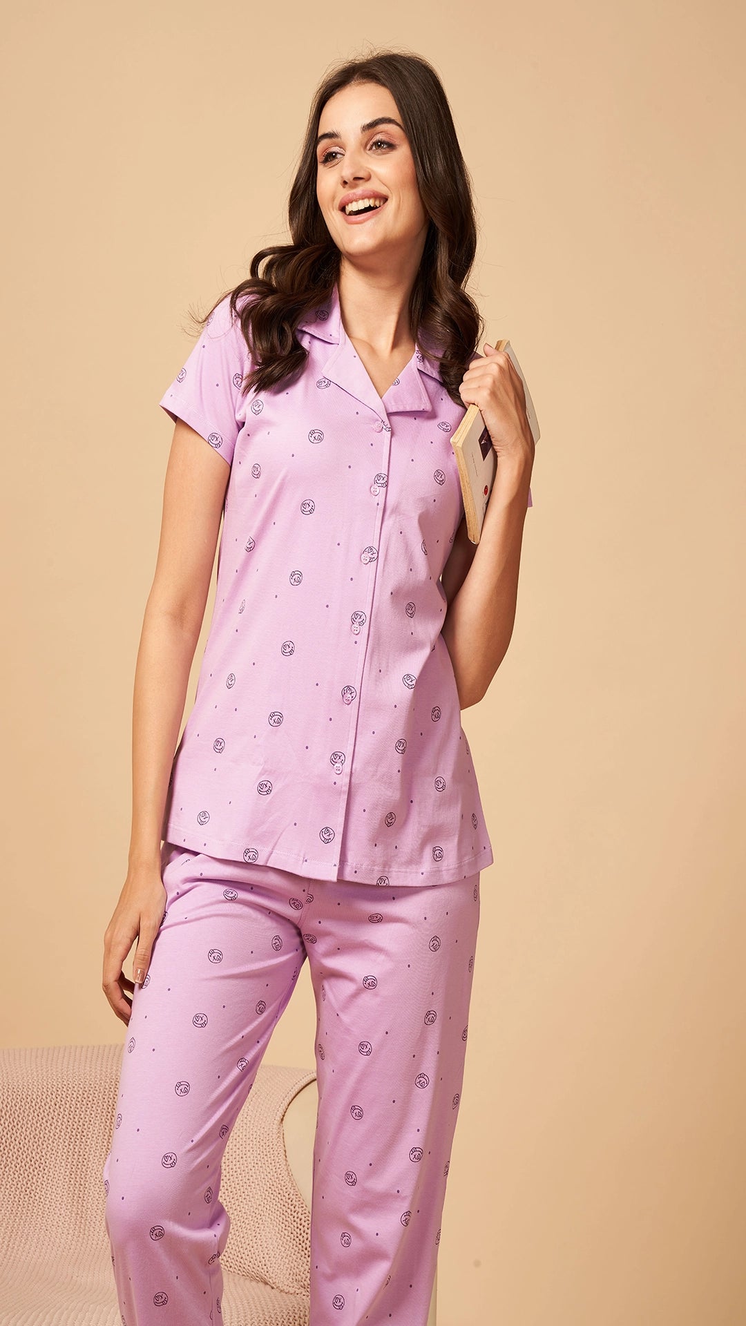 Sukanya  Women's Printed Sinker Nightsuit Set , Frount Open Lounge Wear Nightdress Pyjama Set Sleepwear , Green Printed Half Sleeves Round Neck.