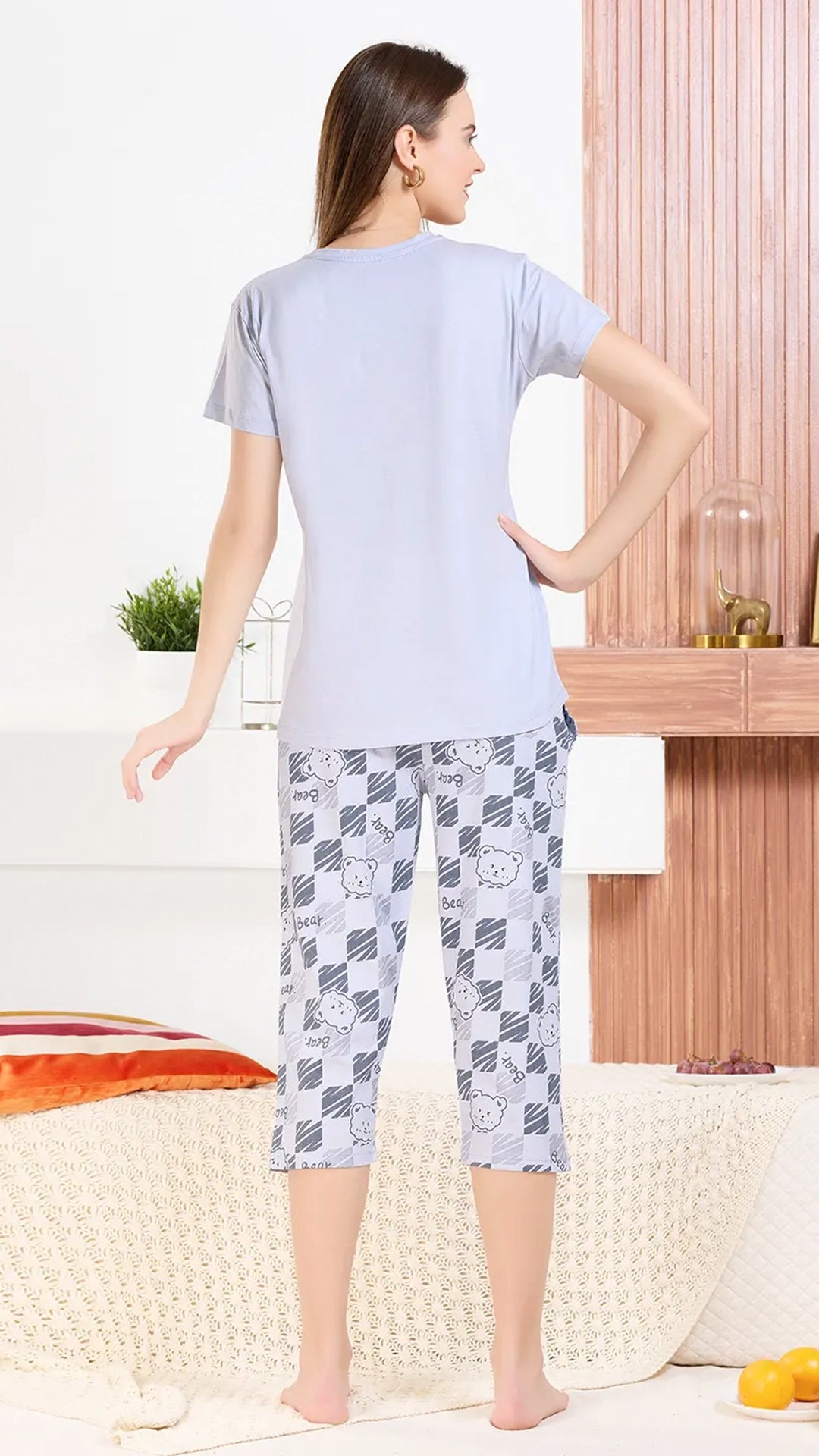 Grey Printed Half Sleeves Round Neck