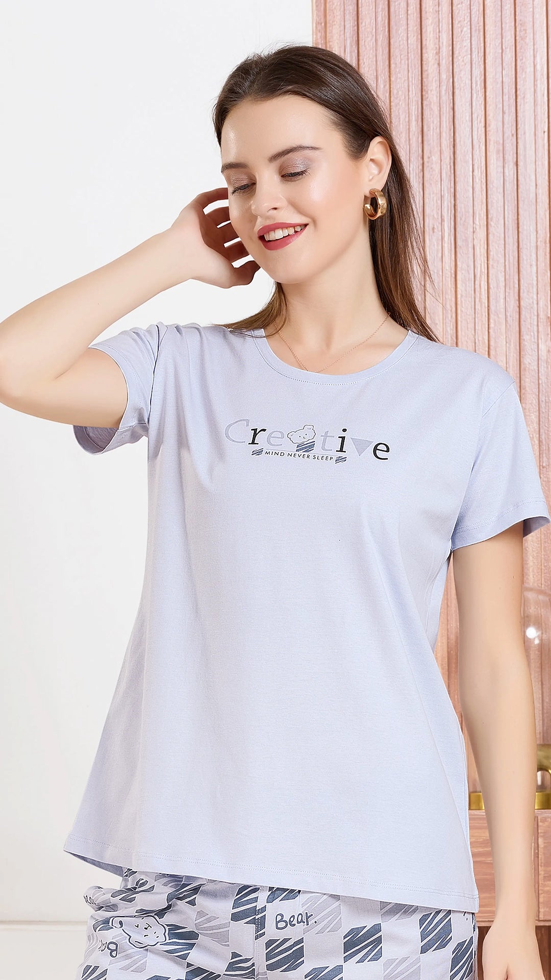 Grey Printed Half Sleeves Round Neck